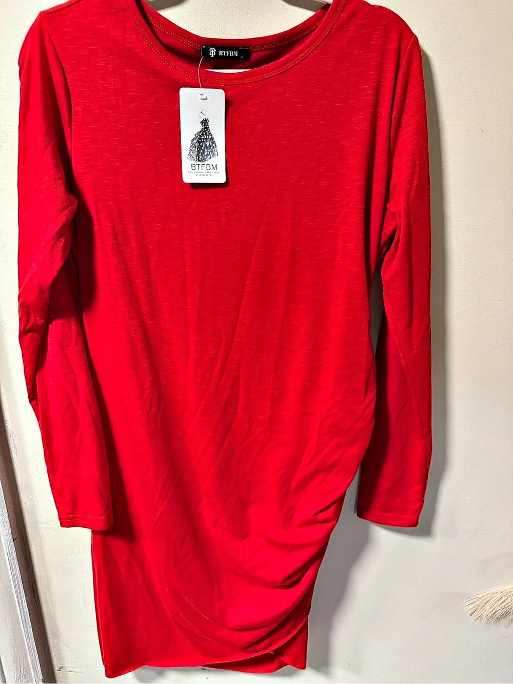 BTFBM Women's Long Sleeve Ruched Bodycon T-Shirt Dress Mini Dress Red Medium